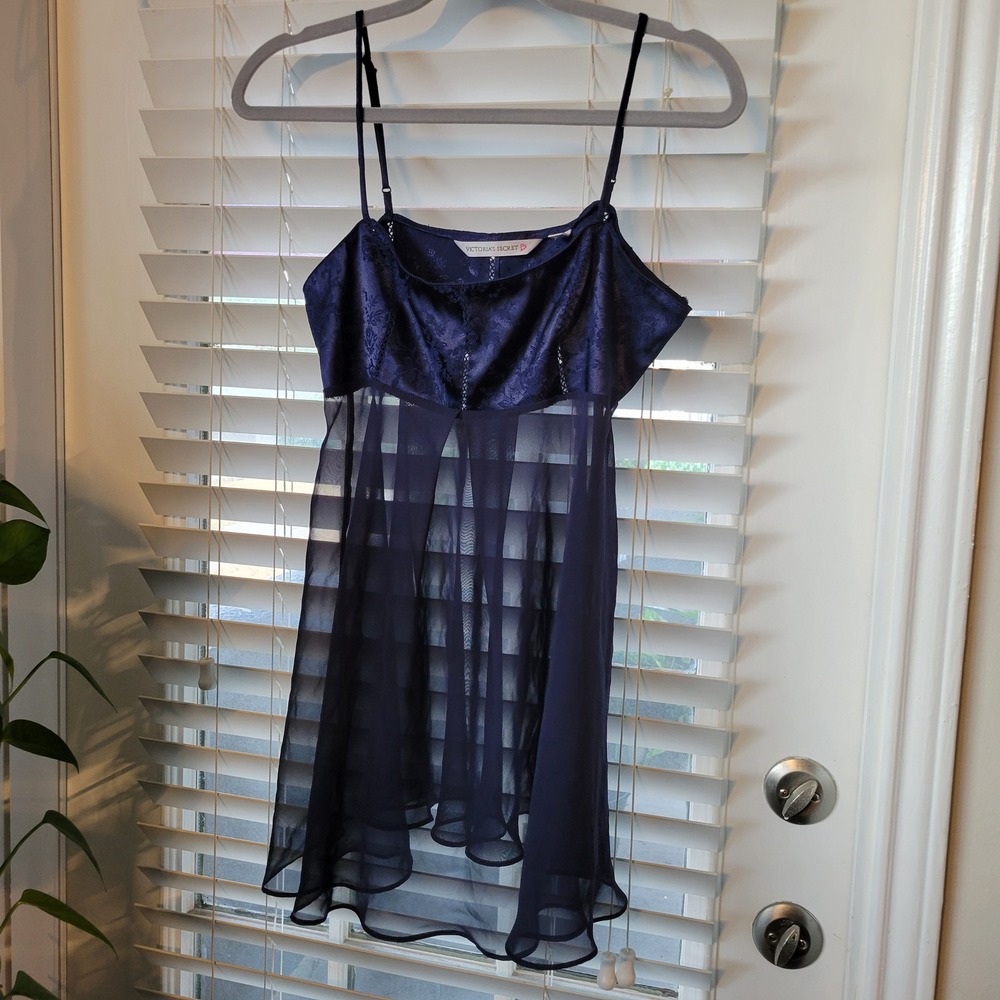 Y2K Victoria's Secret Navy Blue Floral Satin Mesh Babydoll Chemise Lingerie S/M